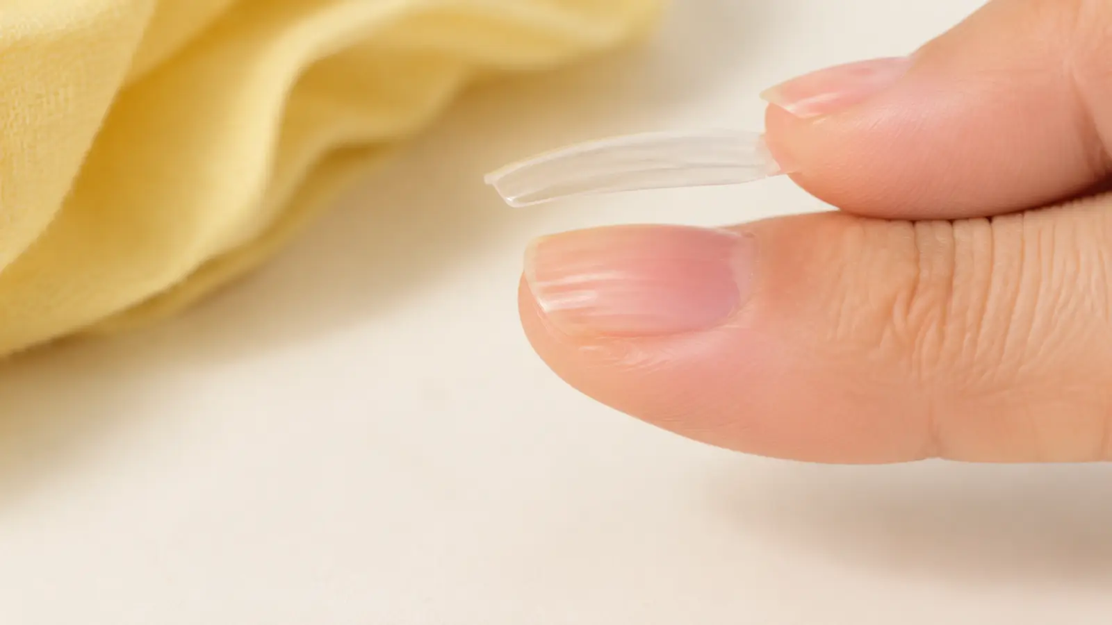 Comparing the underside curve of a clear press-on tip with the profile of a natural thumbnail.