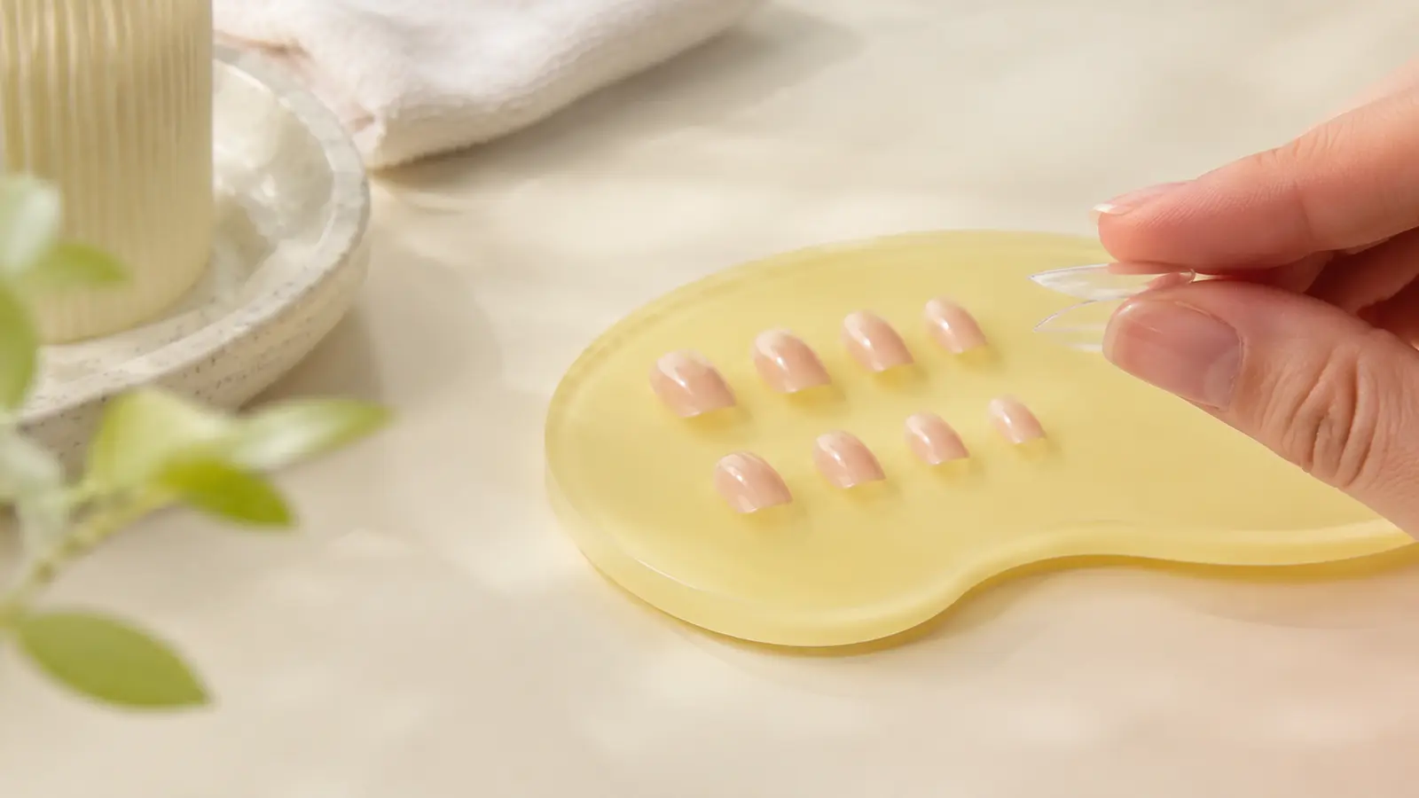 A hand comparing the shallow curve of a clear press-on tip with low-profile nude press-on nails on a display tray.